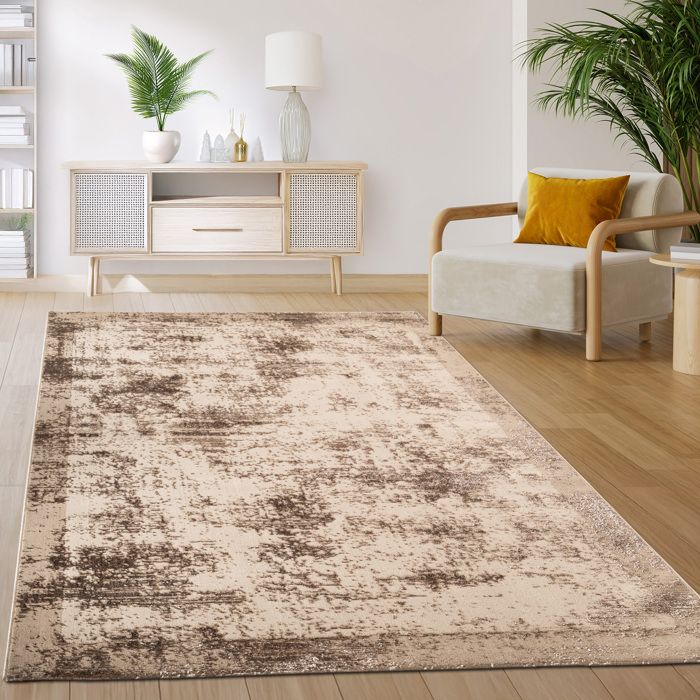 Tapis salon 200x280 fait à la main en laine marron et beige motif