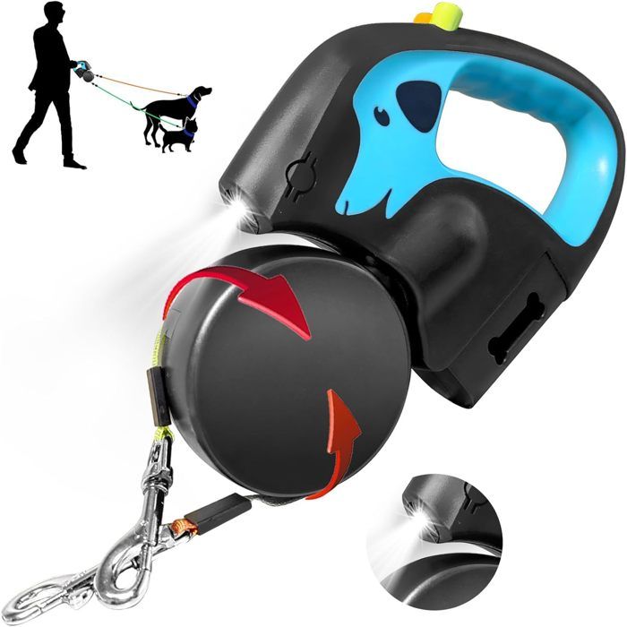 Laisse Double pour Chien Rétractable 3 m Rotation 360° Promenade Facile pour 2 Chiens de Petite et Moyenne Taille Poignée