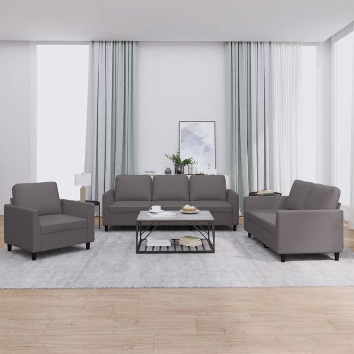 Ensemble de canapés en similicuir - vidaXL - 3 pièces - Gris - Similicuir - 80x77x80 cm - 140x77x80 cm - 200x77x80 cm