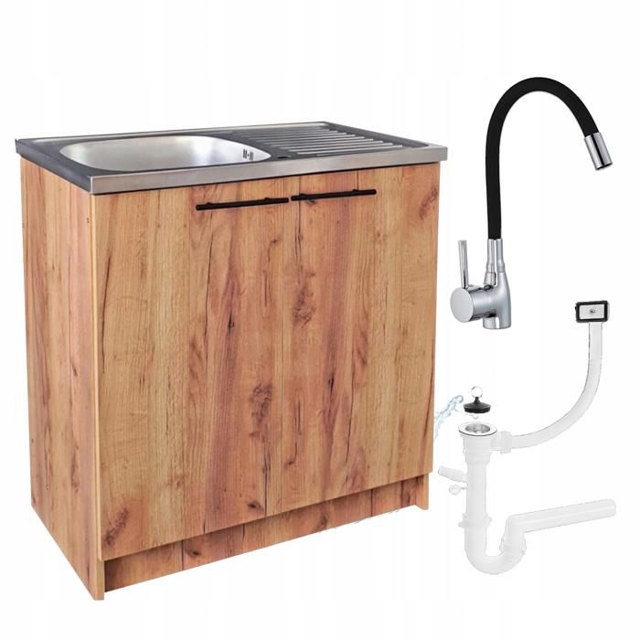 Meuble sous Évier 80 cm Chêne Doré + Évier Inox + Robinet Extensible Noir + Siphon LV - 80x49x82 cm