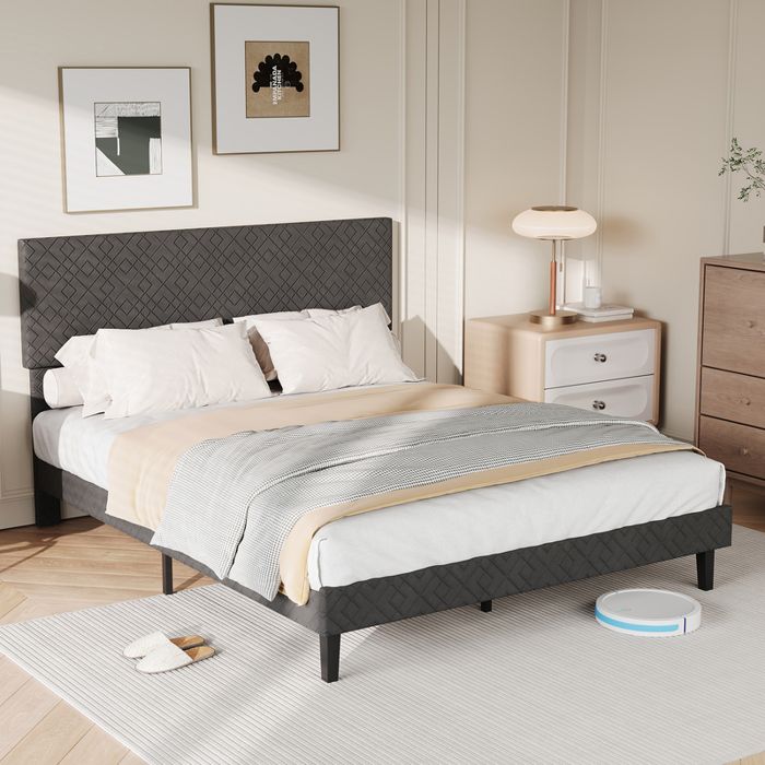 Lit Adulte 160x200 cm ADWOLT Structure de Lit avec Sommier à Lattes Lit pour 2 Personne tissu en lin Gris