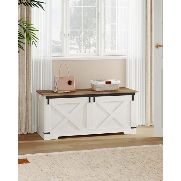 Banc de Rangement 109 cmMeuble pour Entrée avec 2 Charnières StablesBanc à Chaussures pour Couloir ChambreSalon Blanc Marron