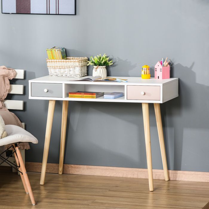 MOTHINESSTO1066-Bureau enfant style scandinave avec tiroir et compartiment de rangement 100L x 48l x 76 5H cm MDF et pin blanc gris