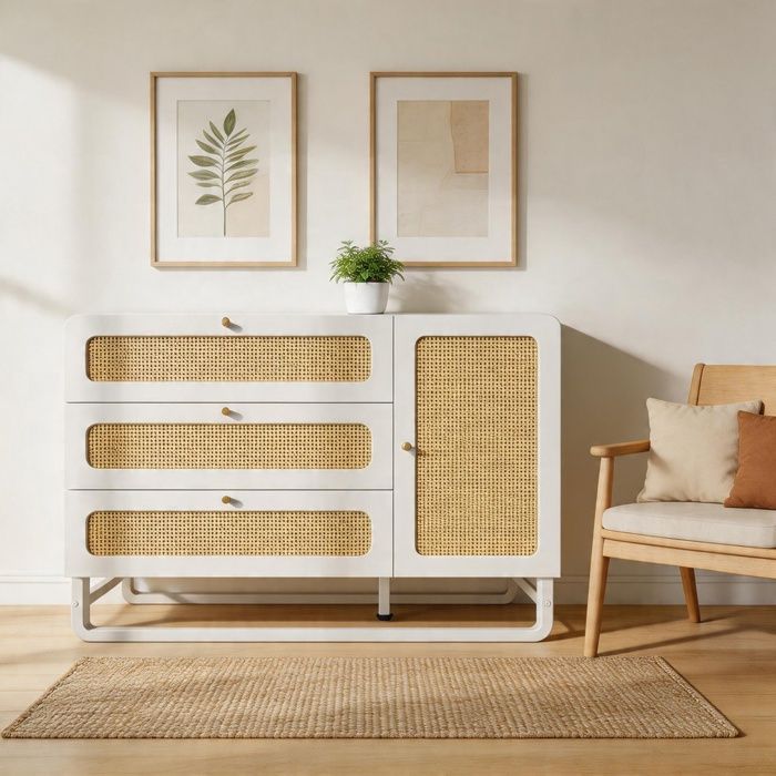 Commode - 120 x 40 x 85 cm - 3 tiroirs & 1 porte - Blanc rotin & poignées dorées - MDF/métal