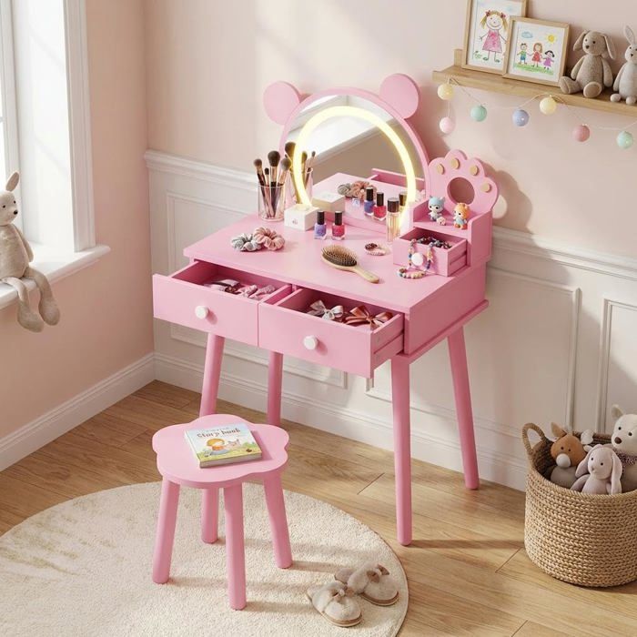 Coiffeuse enfant - LUNSY - Miroir en forme dours - Tabouret fleuri - Lumières LED tactiles 3 couleurs