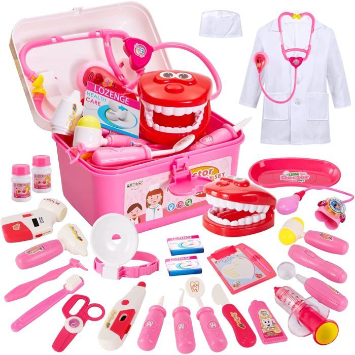 3 en 1 Malette Docteur Enfant avec Véritable Stéthoscope Thermomètre Kit Docteur Enfant 3 Ans Cadeau pour Garçon et Fille (Rose)