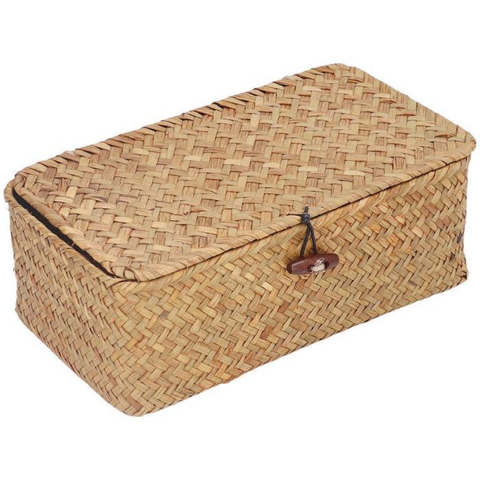 Panier de rangement - PZCC - Jonc de mer - Avec couvercle - Taille S - Rectangulaire