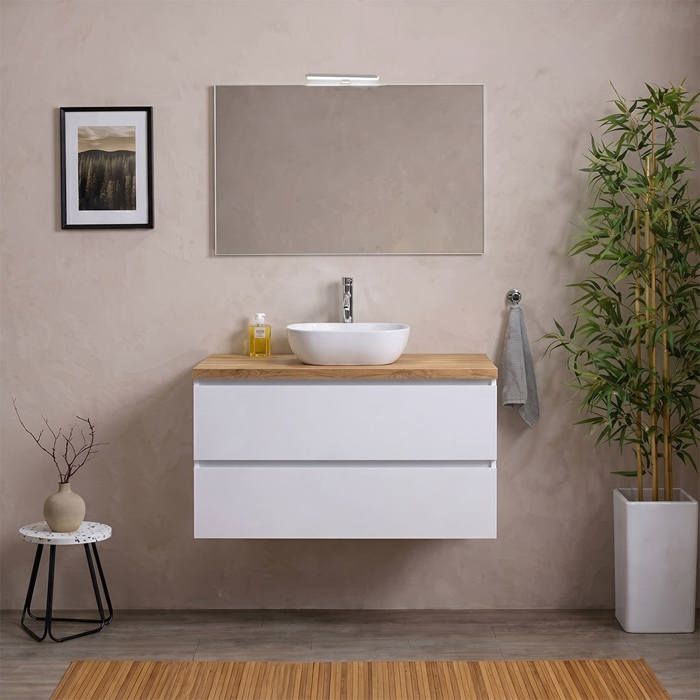 Meuble de salle de bain suspendu 80 cm blanc plateau chêne naturel miroir et lampe Berlin