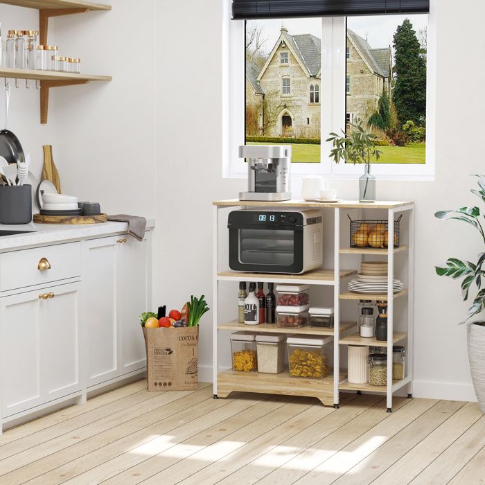 Meuble bas de cuisine industriel gain de place 7 étagères en métal et bois 90 x 40 x 95 cm blanc