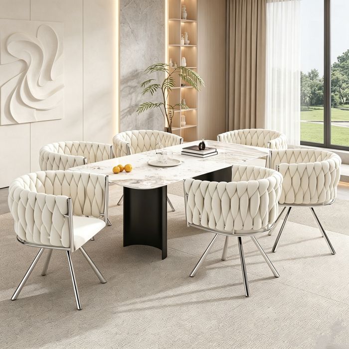 Lot de 6 Chaises de Salle à Manger en Velours Chaises Pivotantes avec Pieds en Métal Chaises de Cuisine Rembourrée Beige+Argent
