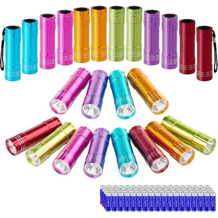 Lot de 24 Mini Lampes de Poche LED en AluminiumLampe Torche Enfant avec 72 Piles AAA Fournies100 Lumens6 CouleursPetite Lampe