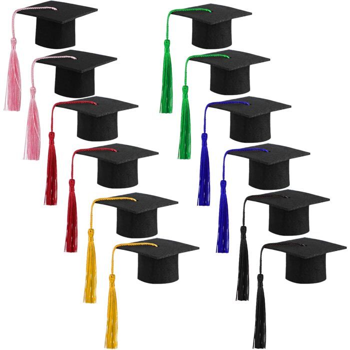 Lot de 12 mini chapeaux de diplômé en feutre avec pompon multicolore 55 x 55 x 32 cm - décoration fête de remise de diplôme