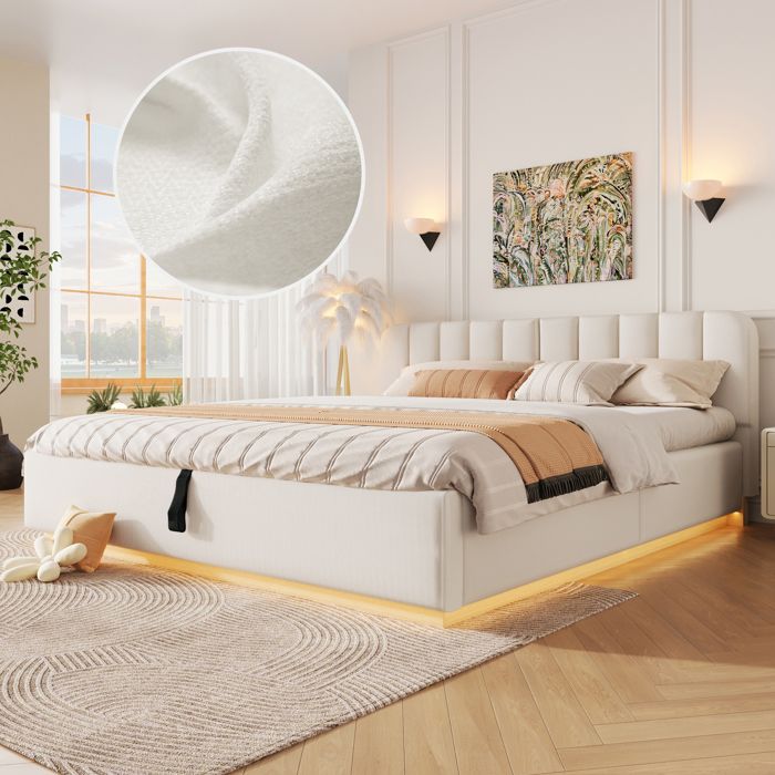Lit 180x200 CM - avec LED - Lit Coffre avec Rangement et Tete de Lit - 2 Personnes - Beige