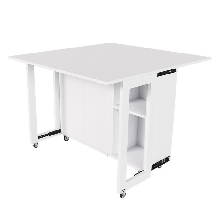 Îlot central pliant mobile blanc avec roulettes verrouillables rangement double porte MDF