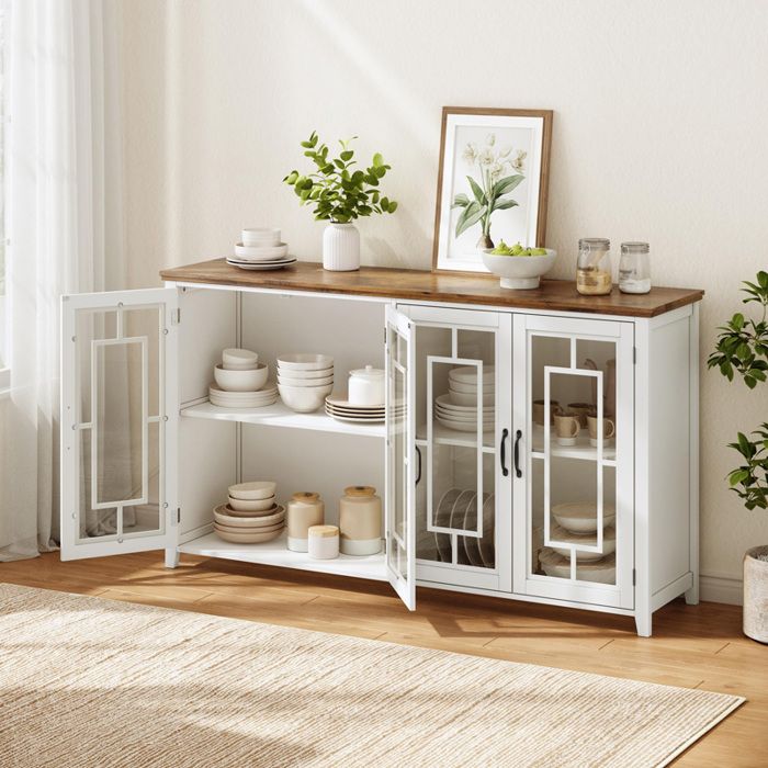 Buffet cuisine 160x40x86 cm avec portes vitrées grand rangement plan de travail effet bois MDF blanc