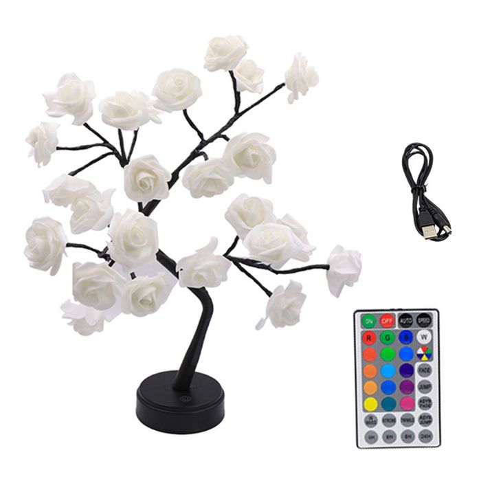 Lampe LED de table en forme de rose artificielle à couleurs changeantes imitant un bonsaï.