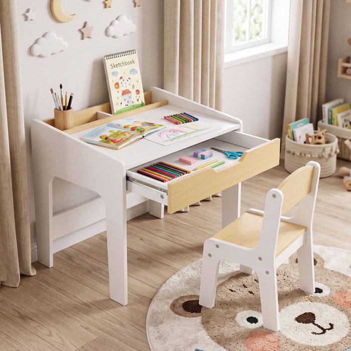 Bureau Enfant avec Chaise-COSTWAY-1 Tiroir et 3 Compartiments Dessin &Bureaux & Jouer Ensemble Table et Chaise Garçon/Fille Naturel Bureau Enfant avec Chaise-COSTWAY-1 Tiroir et 3 Compartiments Dessin &Bureaux & Jouer Ensemble Table et Chaise Garçon/Fille Naturel
