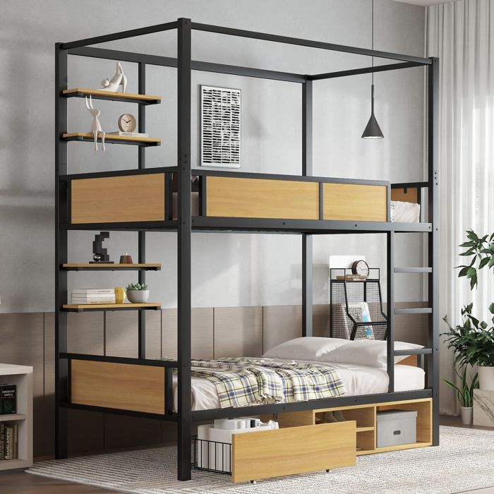 Lit Superposé 90x200 Fer MDF Noir Naturel 2 Étagères Latérales Rangement Sous Lit Rideau Optionnel Sans Matelas