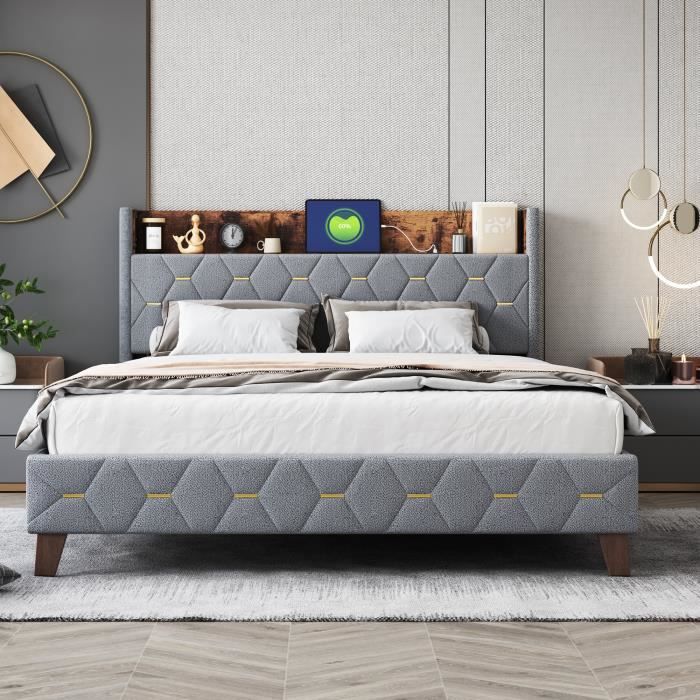 lit capitonné 140 x 200 cm, tête de lit avec rangement et port de recharge usb, tissu velours - aapaas - gris