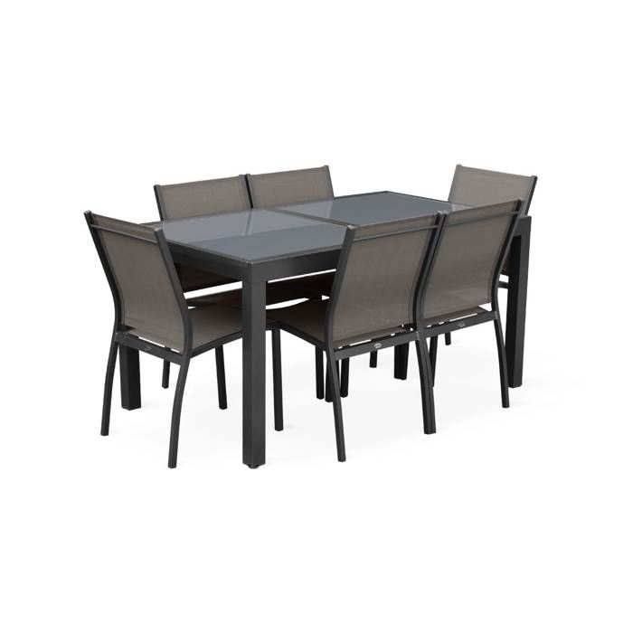 Salon de jardin table extensible - Orlando Gris foncé - Table en aluminium 150/210cm, plateau de verre, rallonge et 6 chaises en