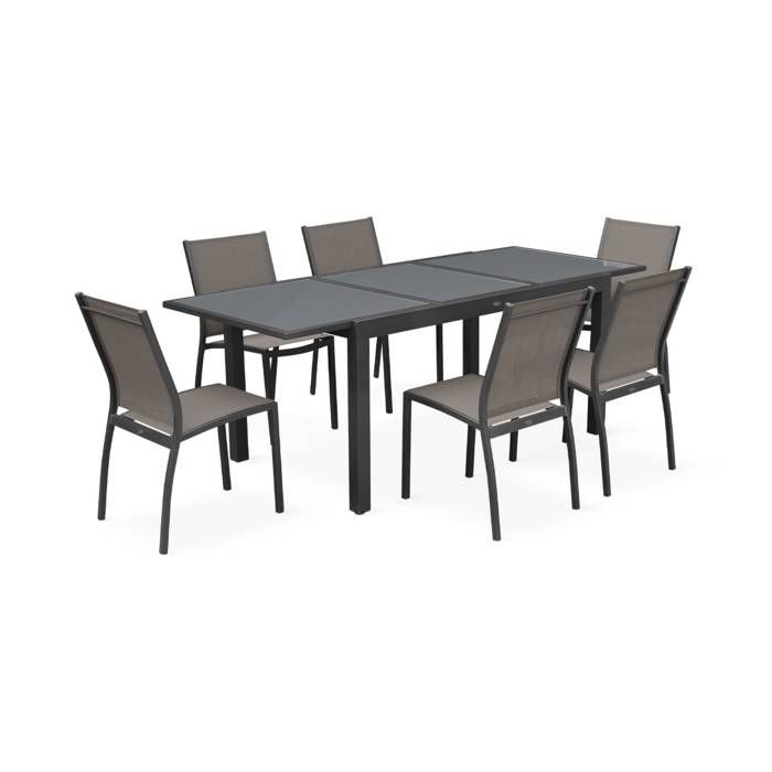 Salon de jardin table extensible - Orlando Gris taupe - Table en aluminium 150/210cm. plateau de verre. rallonge et 6 chaises en