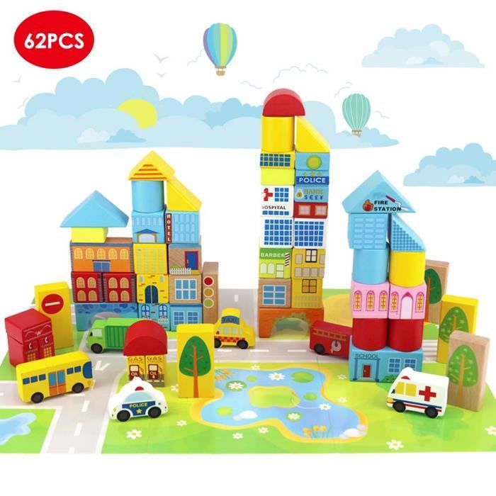 Onshine 62 pièces Colorés Trafic Urbain Scène Blocs de Construction en Bois Jouets Puzzle éducatifs pour Bébé Fille Garçon Enfants 