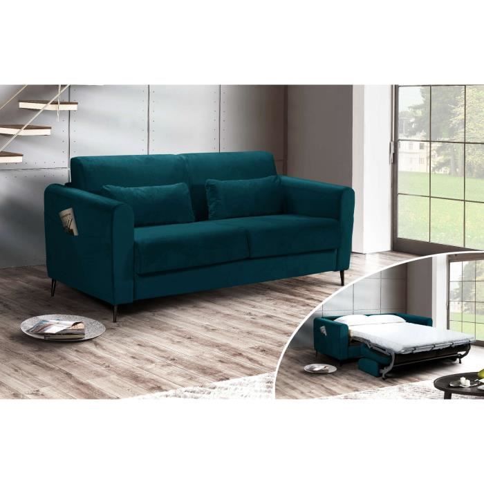 Allan Canape 3 Places Convertible Ouverture Express Couchage Quotidien Velours Couleur Bleu Canard Cdiscount Maison