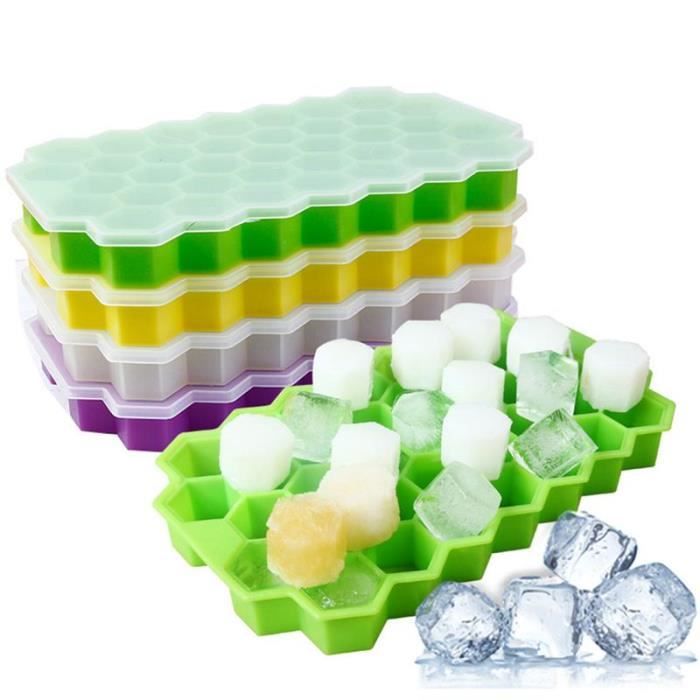 2 Moules à Glaçons En Silicone Avec Couvercles - 37 Compartiments Hexagonaux Par Bac - Faciles à Démouler - Pour Cocktails, Bière, Fruits Congelés