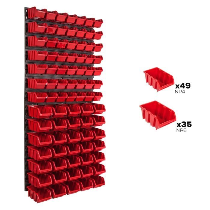 Système de rangement 58 x 117 cm a suspendre 81 boites bacs a bec XS et S rouge boites de rangement