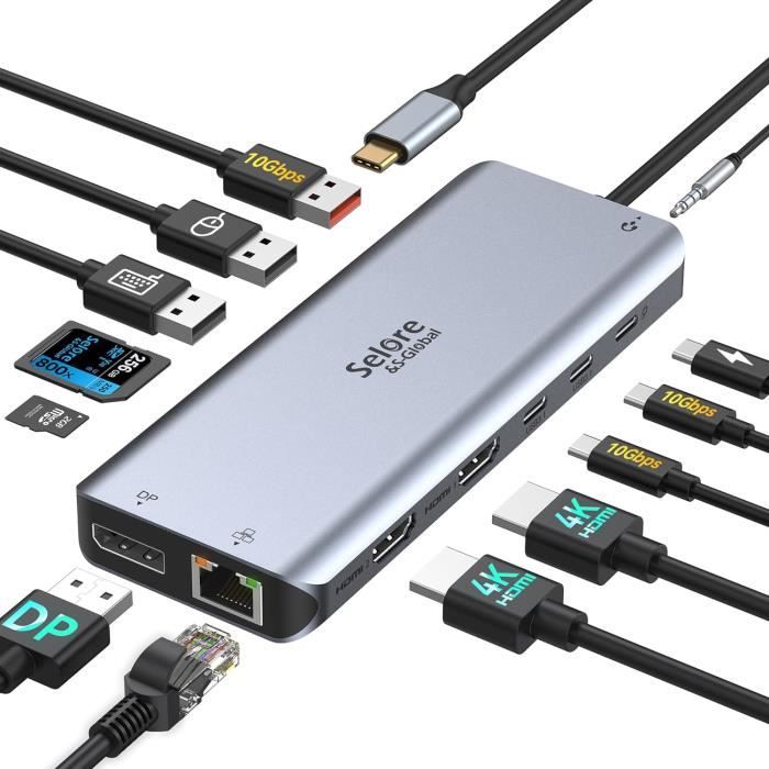 Station d'accueil USB C 10 en 1 Dual Monitor USB C Hub Adaptateur avec HDMI 4K, PD 100 W, USB 3.0, Gigabit Ethernet, Lecteur de Carte SD/TF, Micro 3,5 mm