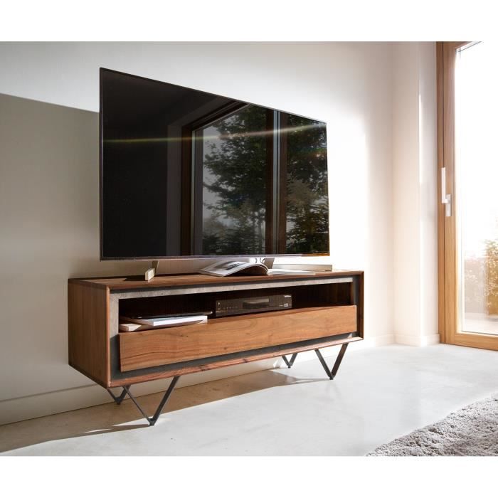 meuble-tv stonegrace acacia marron plaqué pierre 120 cm 1 tiroir 1 compartiment pied en v noir lowboard