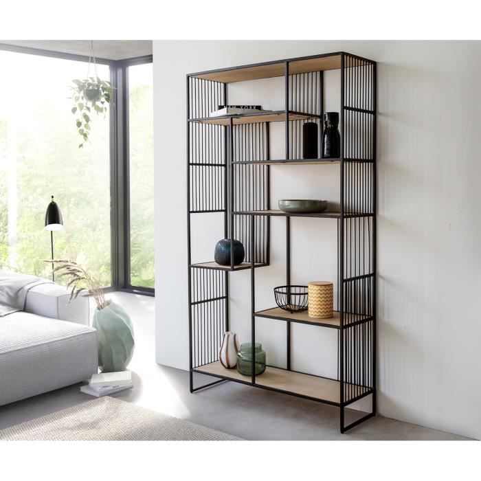 bibliothèque contemporaine lukea - delife - 115x200 cm - bois de manguier et métal noir laqué - meuble de salon