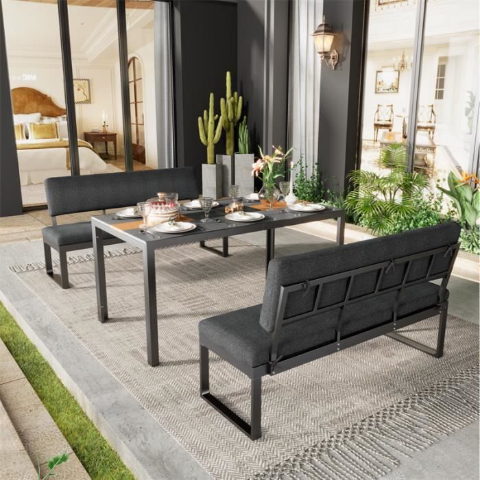 Ensemble table et chaises en aluminium, 6 places, 1 Table de Jardin en plastique avec grain de bois et 2 bancs, avec coussins, gris