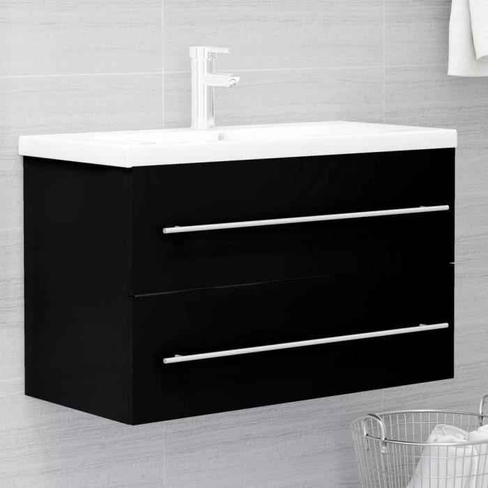 Meuble de salle de bain Angela 80 cm - lavabo noir - Noir mat - Armoire