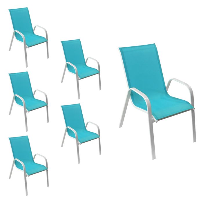 Lot de 6 chaises MARBELLA en textilène bleu - aluminium blanc Lot de 6 chaises MARBELLA en textilène bleu - aluminium blanc