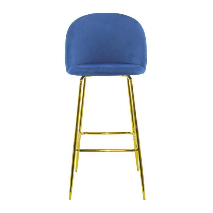 Tabouret - MEDIA WAVE STORE - GRETA - Velours bleu - Structure dorée - Dossier et repose-pieds