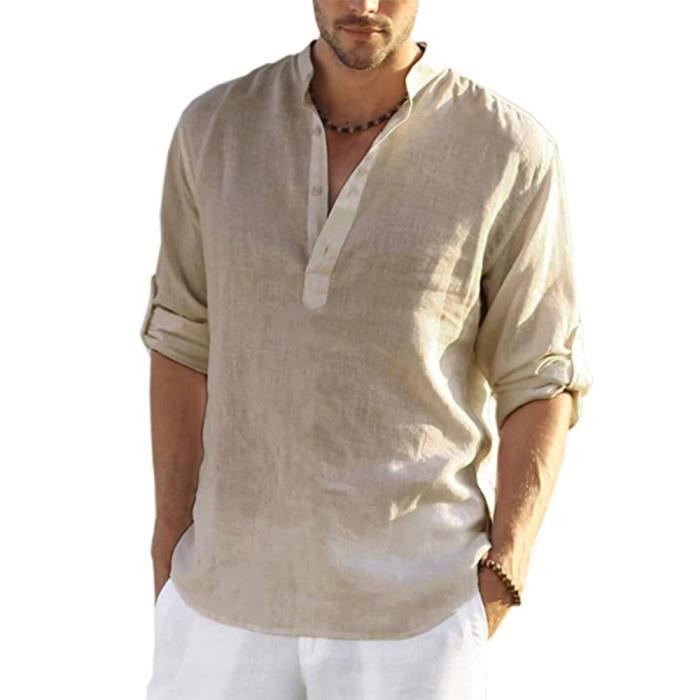Chemise Homme Blanche Lin Ete Casual Slim Fit Col en V Manche Longue Couleurs Pures Chemise de Affaires Printemps et Automne Kaki Cdiscount Pret a Porter