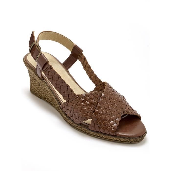 Sandales grande largeur PEDICONFORT Cuir bicolore tresse Talon fin Boucle de serrage Marron Cdiscount Chaussures