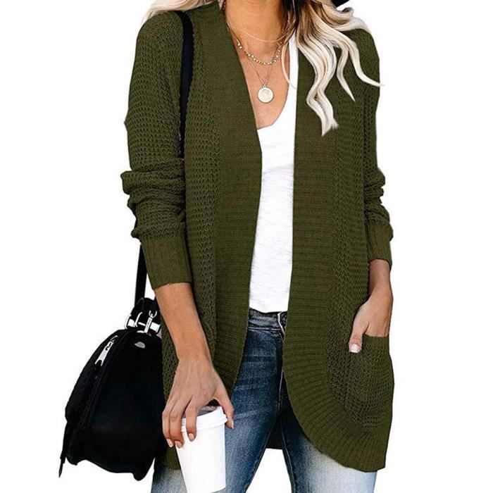 janzdiys gilet mi-longue pour femme-s-xl-vert militaire-femmes cardigan manches longues-cardigan tricoté femme-automne hiver chaud