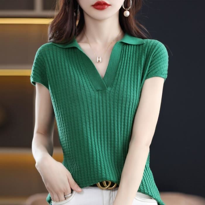 Printemps et ete pull en cachemire col polo pull femme a manches courtes pull en maille lache pull fin a manches courtes Vert Cdiscount Pret a Porter