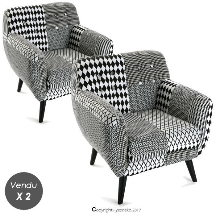 2 Fauteuils Patchwork Noir Et Blanc Taille L 68 X L 63 X H
