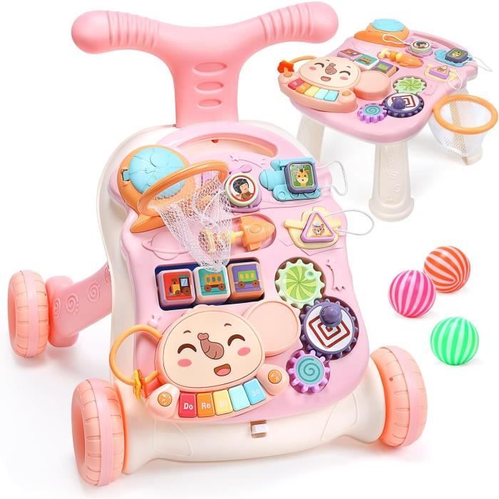 Trotteur Bebe Chariot de Marche 2 en 1 apprentissage assis debout stimuler la perception jouet de marche pour tout petits rose