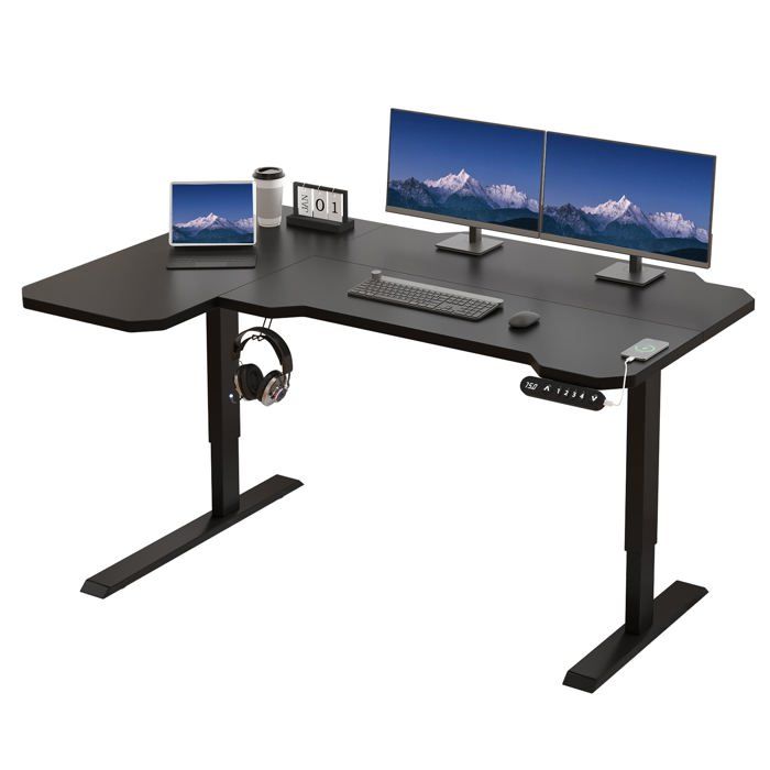 150cm L Form Bureau dangle-Classique Bureau Assis Debout Réglable en Hauteur électriquement avec 4 Commandes à mémoire(Noir)