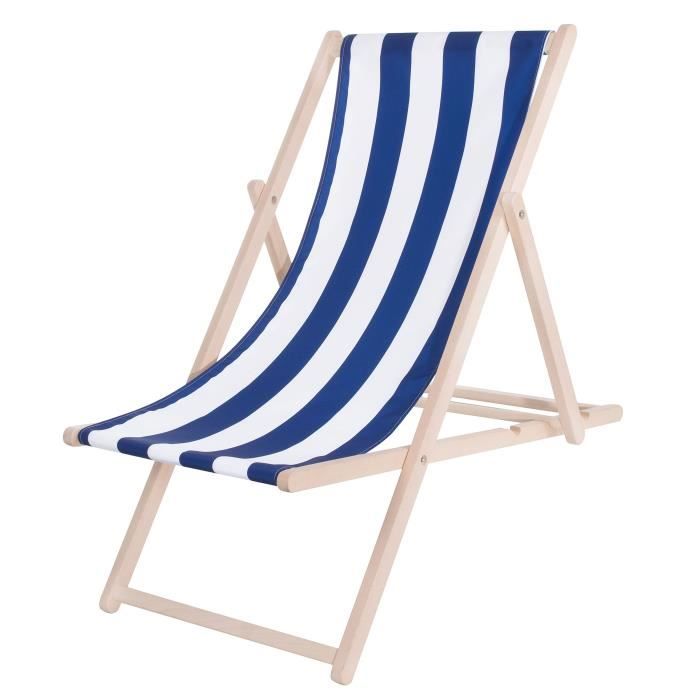 Transat de Jardin - SPRINGOS - Chaise longue pliante en bois de plage - Réglable en 3 positions - Bleu / Blanc
