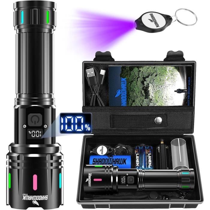 Shadowhawk Lampe Torche LED Ultra Puissante, 20000 Lumens Lampe de Poche Rechargeable USB, XHM90