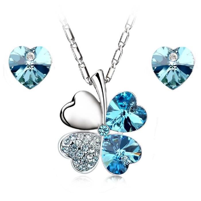 Parure De Bijoux Cœur - Collier Et Boucles D'Oreilles Cristal Strass Bleu