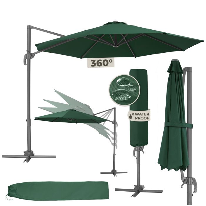 TECTAKE Parasol DARIA 300 cm avec pied d&eacute;port&eacute; et housse de protection - vert