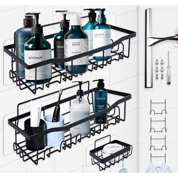 Étagère De Douche-Pose Murale Étagère D'Angle Pas De Forage Blanc Noir