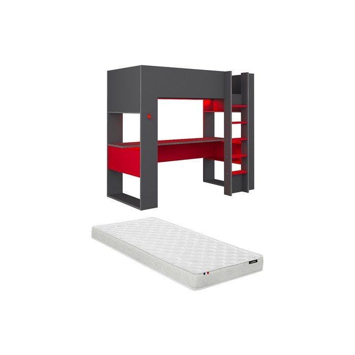 Lit mezzanine gamer NOAH avec bureau et rangements intégrés - 90 x 200 cm - Avec LEDs - Anthracite et rouge + matelas