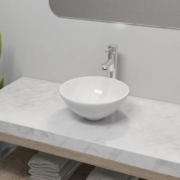 vidaXL Lavabo Salle de Bain avec Mitigeur Céramique Rond Robinet Vasque 275494